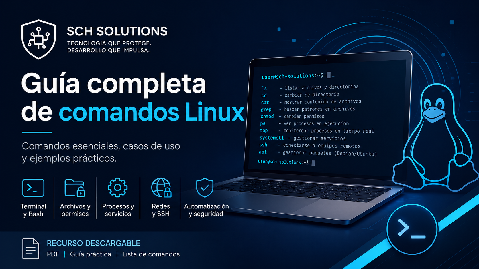 Guía completa de comandos Linux: terminal, administración, redes y seguridad
